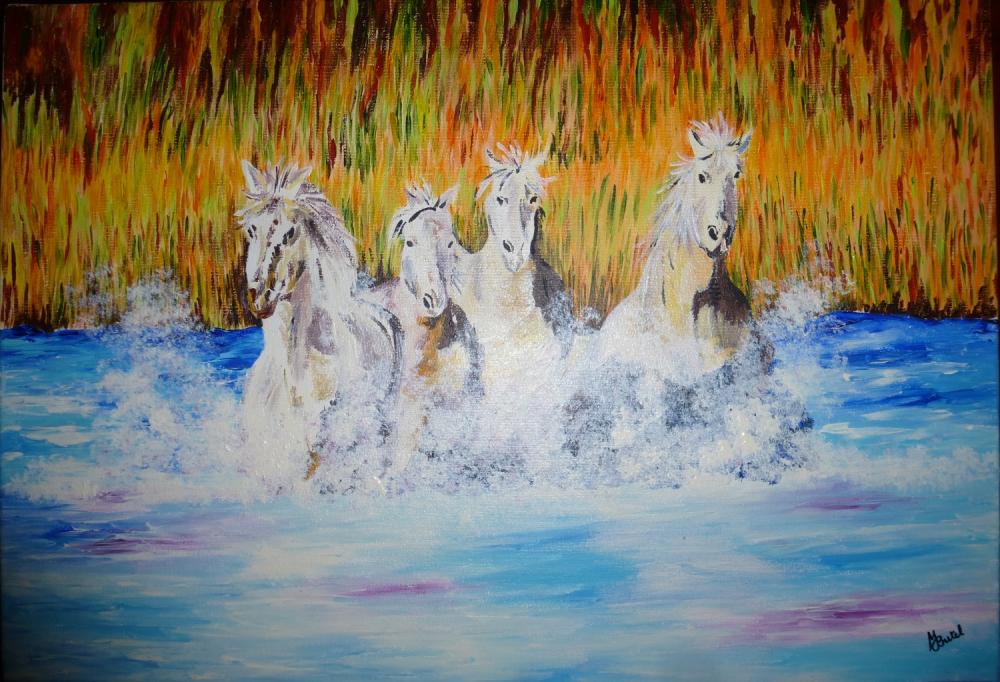 TABLEAU CHEVAUX DANS LA CAMARGUE - PEINTURE A L'HUILE